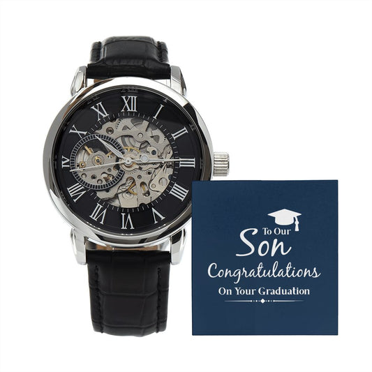 To Our Son: Graduation - Men's Openwork Watch with Mahogany Box